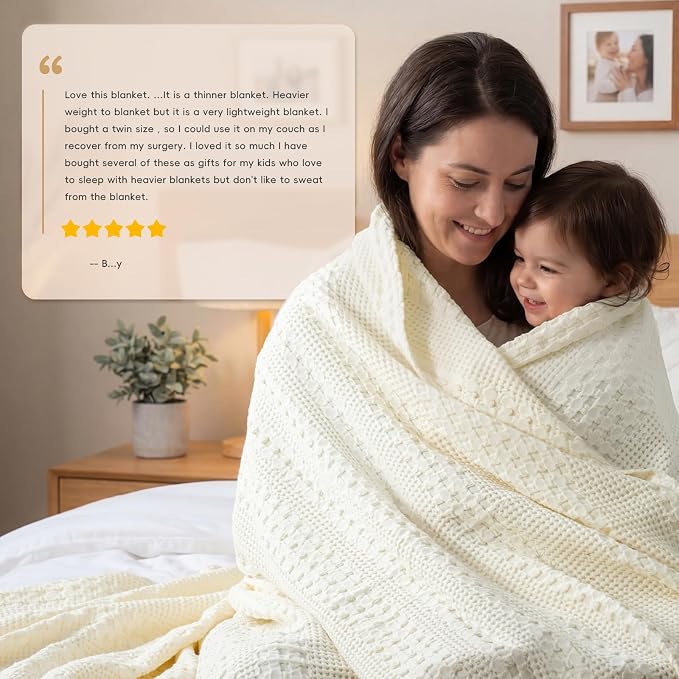 PHF 100% Cotton Waffle Weave Blanket King Size, Lightweight Breathable Summer Blanket for Hot Sleepers, Pre-Washed Soft Layer for Bed, Couch, Home Decor Gift, 108"x90", Ivory