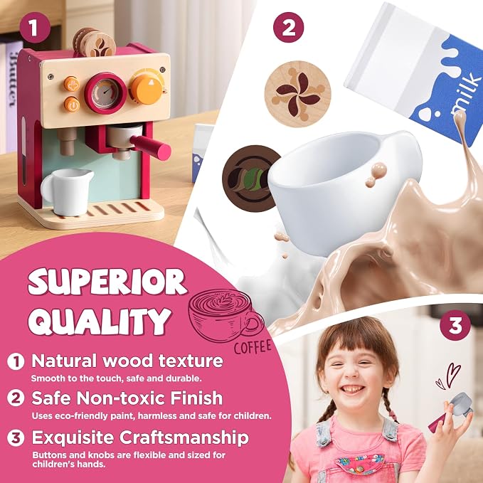 GAGAKU Wooden Coffee Machine Toy for Toddlers, Montessori Learning Toys for 3 4 5 Year Old Girls & Boys, Realistic Pretend Play Kitchen Accessories with Espresso Maker & Latte Art Set