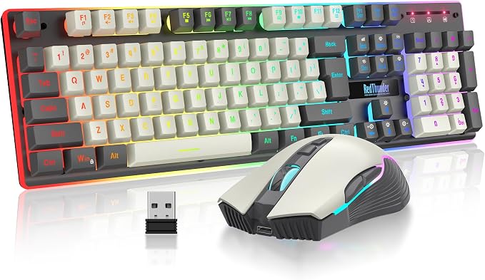 RedThunder K10 Pro Wireless Gaming Keyboard and Mouse Combo, RGB Backlit Rechargeable 3800mAh Battery, Mechanical Feel Anti-ghosting Keyboard + 7D 3200DPI Mice for PC Gamer(White Gray)
