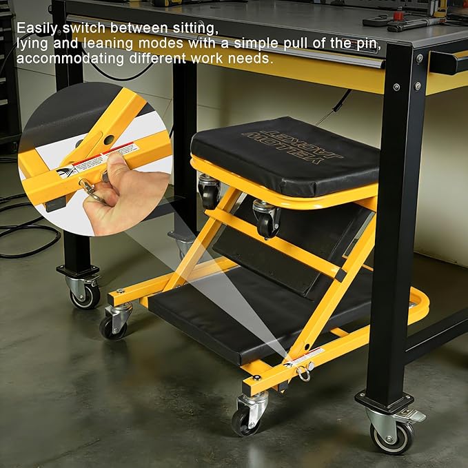 YELLOW JACKET Mechanic Creeper Stool, 40 Inches Extended 2-in-1 Foldable Z-Creeper Rolling Garage Seat with Wheels, Heavy Duty Steel Auto Repair Garage Stool for Shop, 330 LBS Capacity