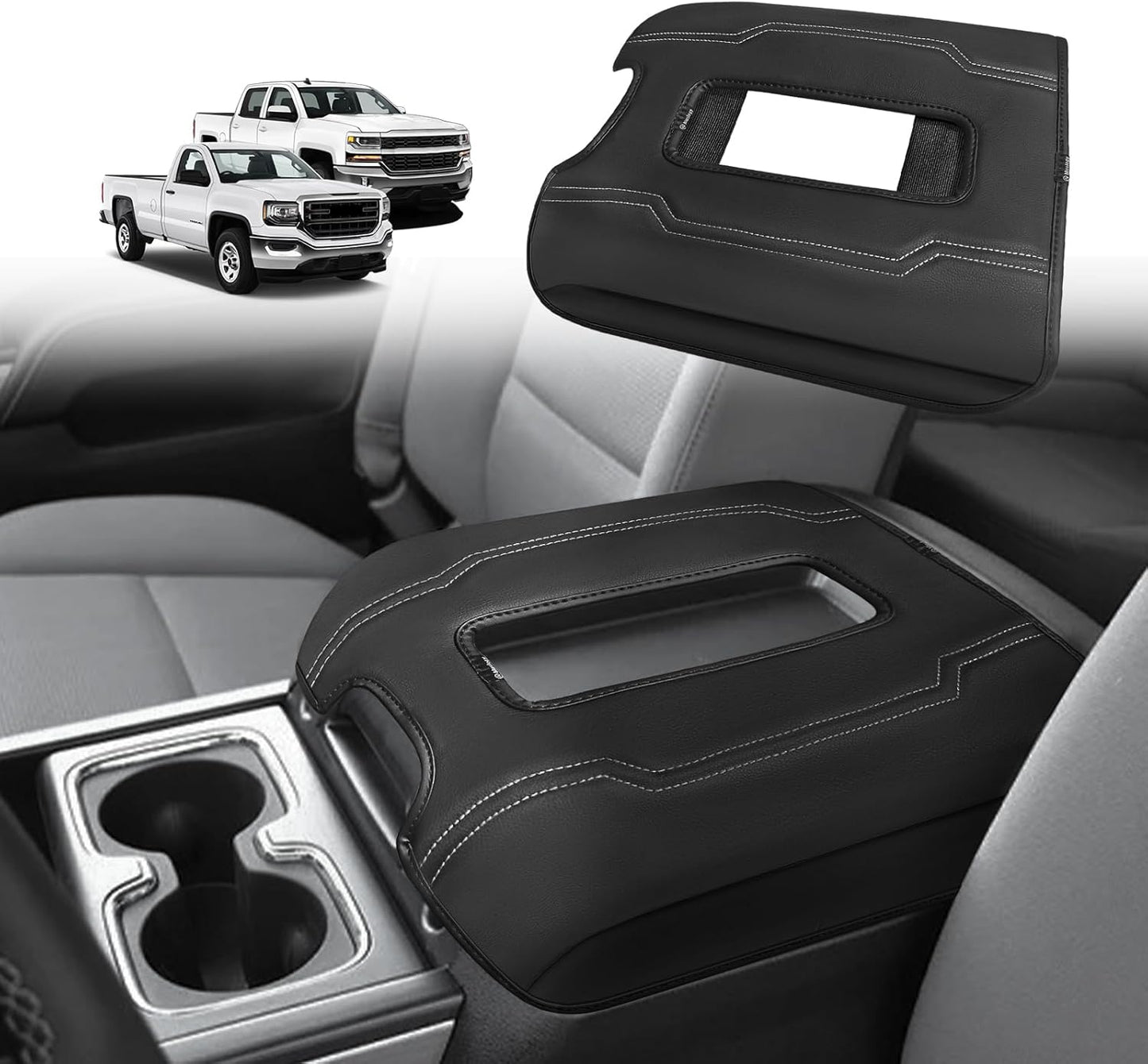 Muslogy Center Console Armrest Cover Compatible with Chevy Silverado & GMC Sierra 1500 2500 3500 2014-2018 Comfort Armrest Pad Arm Rest Cushion Vegan Leather Protector Regular Thick(Bucket Seat ONLY)