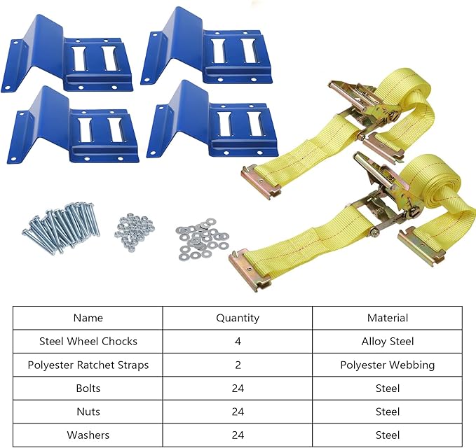 NovelBee Wheel Chock Tie Down Kit, Trailer Tie Down System for UTV, ATV & Mower (Blue Wheel Chock & Yellow Strap)
