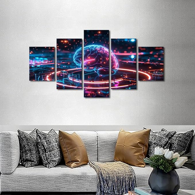 5 Panel Modern Science and Technology Pictures for Living Room Digital Brain Canvas Wall Art for Bedroom Artwork for Room House Decor Wall Modern Posters and Prints Framed Ready to Hang 60"Wx32"H