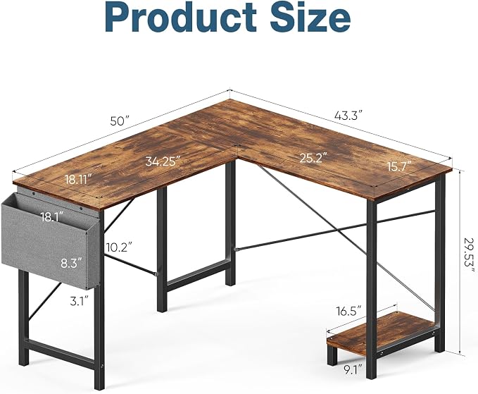 OLIXIS L Shaped Desk, 50-Inch Office Computer Gaming Desks Corner PC Table with Side Bag and Reversible Shelf for Home Work Study Writing Rustic Brown | Side Bag, Reversible Shelf, Home Work Study Writing, PC Workstation, Easy Assembly, Rustic Brown