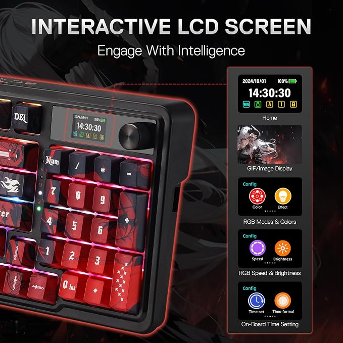 Redragon K719 PRO Wireless RGB Gasket Gaming Keyboard, Dye-Sub Anime Keycap | Easy-Control LED Info Display, 0-Delay Tri-Mode, Cushioned 5-Layer Noise Dampening for Creamy Thocky Sound, 95% Layout
