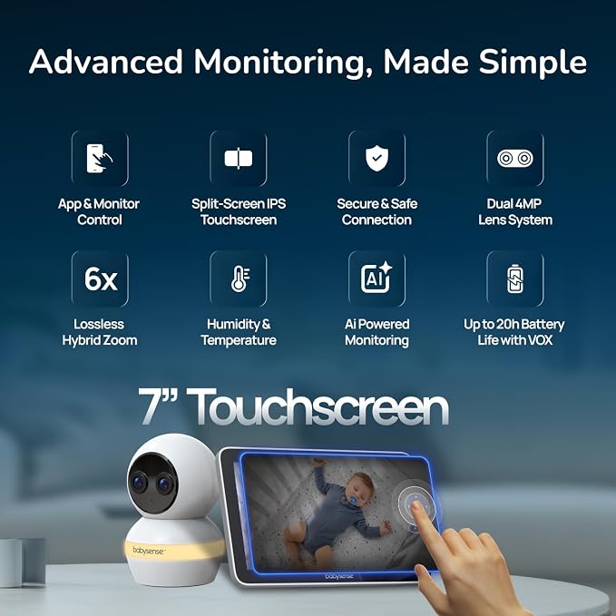 Babysense Touch 7" Touchscreen Smart WiFi Baby Monitor with App, Camera and Audio, Night Light, 4MP Dual-Lens with 6X Zoom, AI Auto Tracking, Focus Area, Split-Screen, VOX/ECO Mode, No Subscription