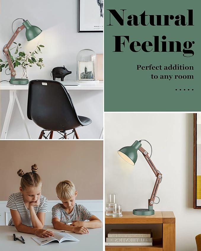 ELYONA LED Desk Lamp with Wireless Charger, Sapele Wood Reading Light with USB C Charging Port, Swing Arm Table Lamp for Home Office, College Dorm, Bedroom Living Room, Bulb Included, Vintage Green