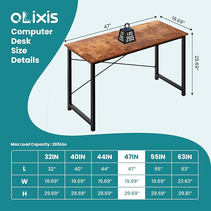 OLIXIS Computer Desk, Home Office Desk, Study Table 47 Inch | Gaming Writing Work Station, Metal Frame Sturdy Durable, Easy Assembly Bedroom, Simple Rustic Style