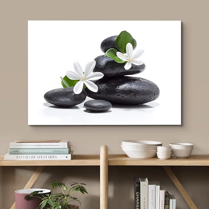wall26 Canvas Print Wall Art White Daisy Flower Black Ocean Beach Zen Pebbles Nature Wilderness Photography Realism Rustic Landscape Colorful Multicolor for Living Room, Bedroom, Office - 32"x48"