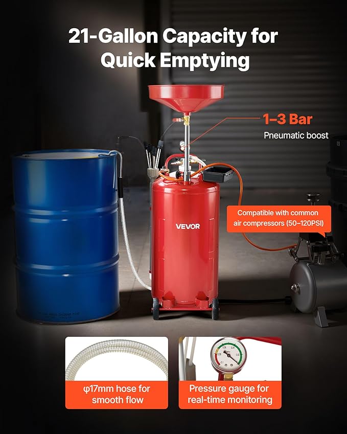 VEVOR 21 Gallon Waste Oil Drain Tank, Air Operated Portable Oil Drainer with Adjustable Funnel Height, Industrial Fluid Drain Tank with Wheels, Fluid Fuel Transfer Drainage for Auto Repair Shops, Red