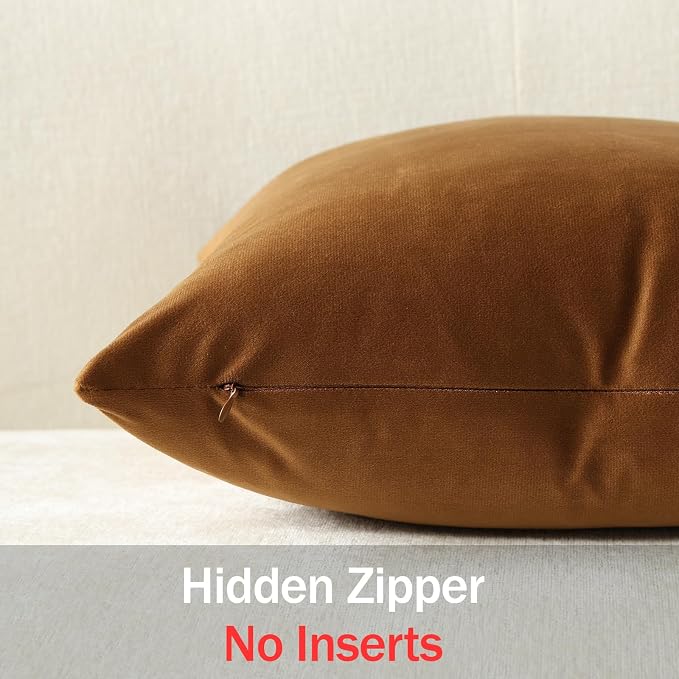 Euro Sham Covers 24x24 Golden Brown: Pack of 2 Cozy Soft Velvet Square Modern Luxury Decorative Throw Pillow Cases for Sofa Couch Living Room Bed Home Decor