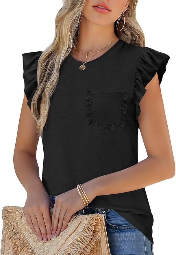 JUSTFASHIONNOW Womens Summer Tops Striped T-Shirts 2026 Ruffle Short Sleeve Crew Neck Casual Blouses with Pocket