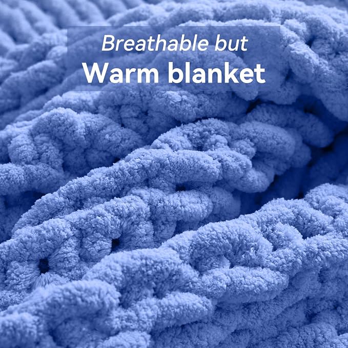 Negwoo Chunky Knit Throw Blanket, Knitted Throw Chenille Yarn, 80"*90" | Soft Thick Cable Knitted Blankets, Handmade Big Thick Blanket, Machine Washable Cute Comfy Blanket for Home Decor, Light blue