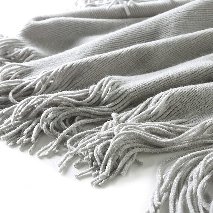 Homiest Light Grey Knitted Throw Blanket with Fringe, 50x60 Inch | Pure Acrylic, Lightweight & Breathable, All-Season Use, Machine Washable, Wrinkle & Fade Resistant, for Couch Sofa And Bed
