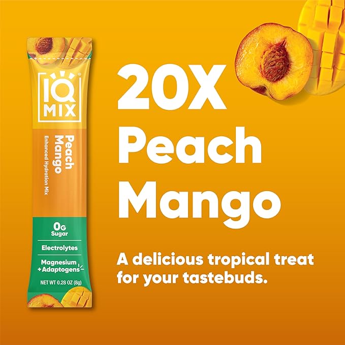 IQMIX Hydration Electrolyte Powder – 4-in-1 Formula for Hydration, Mental Clarity, Mood and Recovery – Sugar-Free Drink Mix, Keto, Magnesium L-Threonate, Lion’s Mane – 20 Count Peach Mango