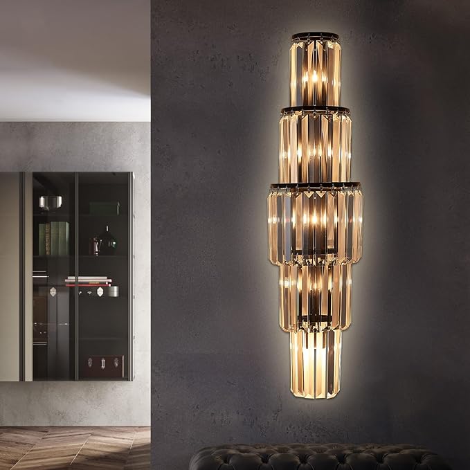 29.5 inch Modern Wall Sconce Crystal Vanity Wall Sconce Lighting 5-Light Black Wall Light Fixtures for Bedroom Living Room Bathroom Hallway