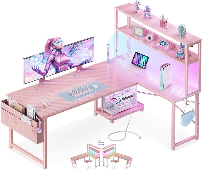 ODK 53" L Shaped Gaming Desk with Shelves, LED & Outlets, Pink | Headset hook. Storage bag. Shelves for makeup & gaming gear. LED for late-night gaming. Reversible. Fits dual monitors.