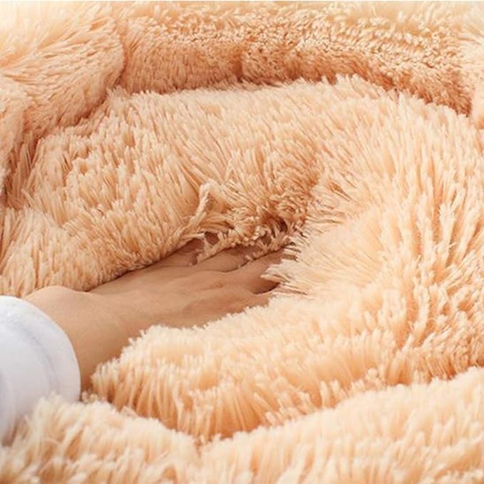 huraty Plush Dog Bed Pet Calming Fur Bed, Fluffy Donut Round Cat Beds, Anti-Slip & Anti-Anxiety, 16 Inch for Puppy and Kitties, Khaki, XS