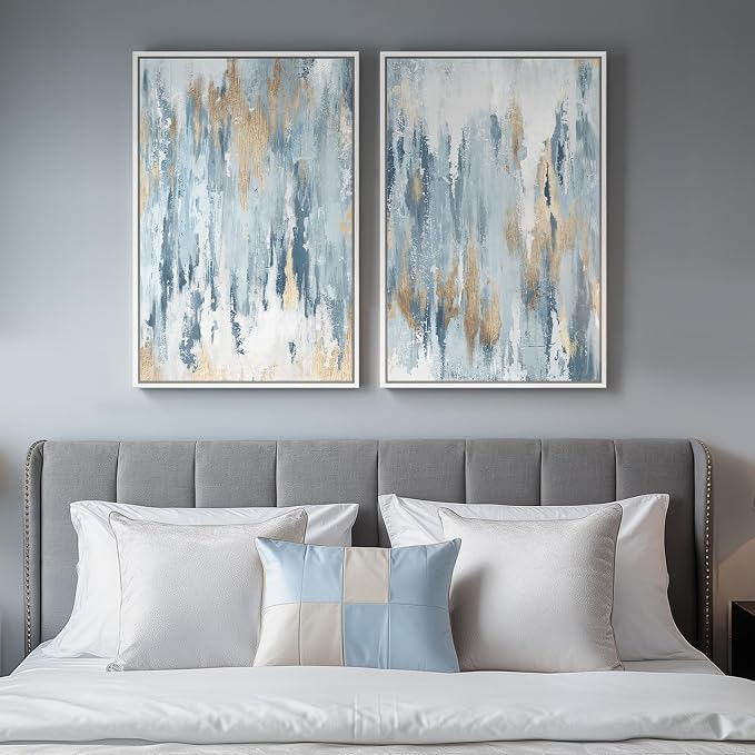 White Framed Blue and Gold Abstract Canvas Wall Art for Bedroom, Set of 2 Modern Minimalist Art Prints Paintings Artwork for Walls, Glitter Pictures for Living Room, Dining Room Wall Decor 16x24 In