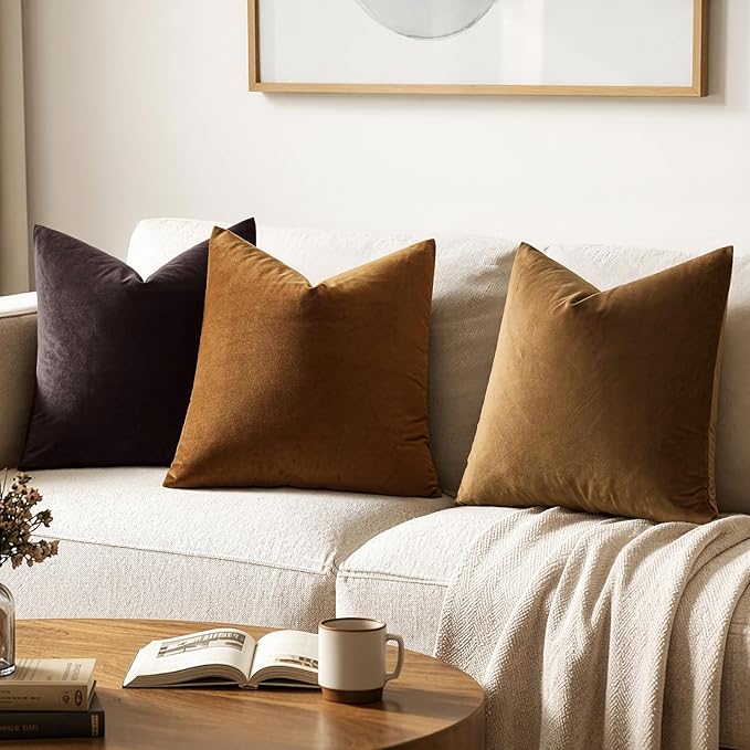 MIULEE 24x24 Inch Pack of 2 Euro Velvet Throw Pillow Covers Chocolate Brown | Soft Solid Decorative Euro Sham, Modern Luxury Home Decor, for King Bed Sofa Couch Bedroom Livingroom