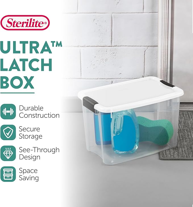 Sterilite 18-Pack Ultra Latching Box, Storage Bins with Lids, Clear Plastic, 30 Quart - Heavy-Duty Organizing Containers for Closet, Bathroom, and Office