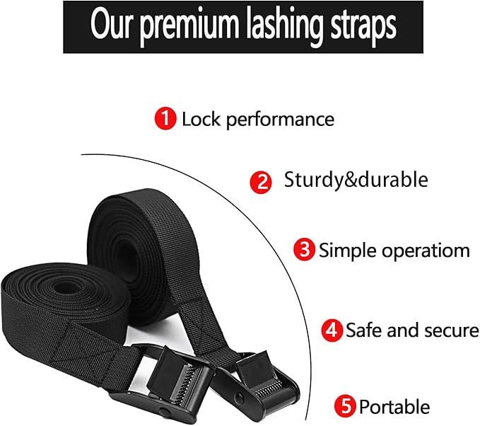 Rosemarie Cam Buckle Tie Down Straps, Heavy Duty Lashing Secure Straps Cinch Ratchet with Zinc Alloy Lock Buckle up to 700 lbs for Cargo, Luggage, Kayak,Truck Pack of 4Pcs (1" x 12Ft)