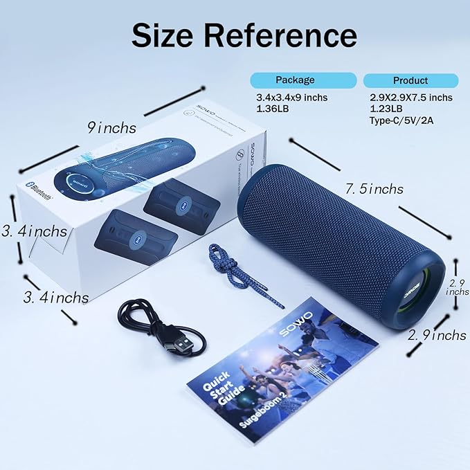 SOWO Portable Bluetooth Speaker, IPX7 Waterproof Wireless Bluetooth Speaker, Bassboom Technology, 25W Loud Stereo Sound, LED Light with TWS Pairing, 16H Playtime for Home and Outdoor -Blue