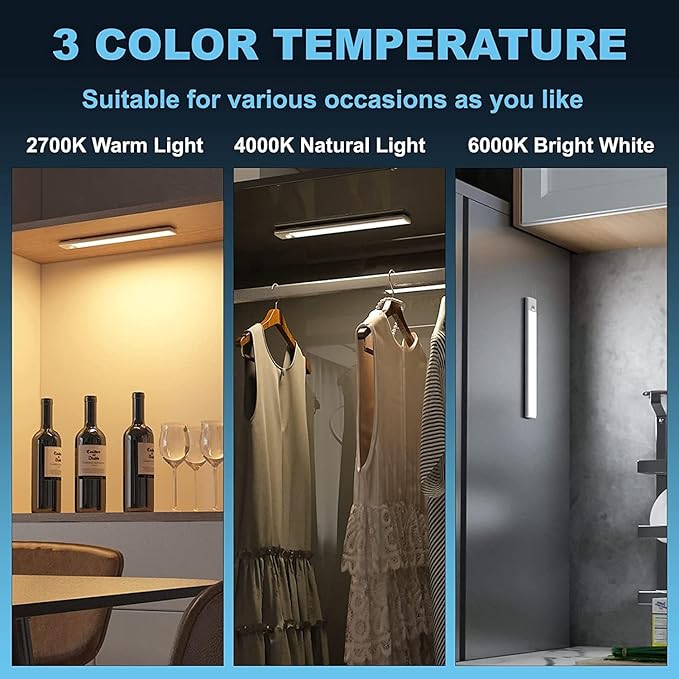 12" LED Cabinet Light with Motion & Light Sensor, Pack of 2 Rechargeable Under Cabinet Lighting, 3 Color Modes 3000K/4500K/6000K, 62 LEDs, 150LM, USB, 2200mAh Battery, Wireless Closet Light