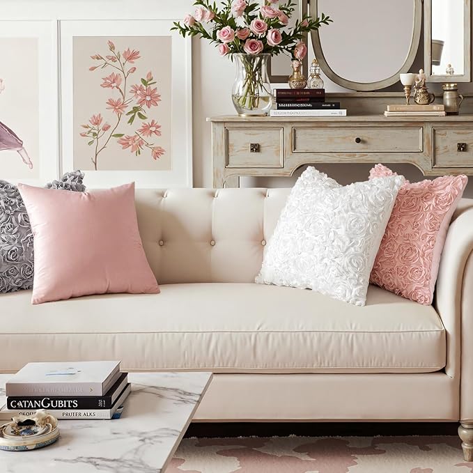 MIULEE Decorative Rose Flower Pillow Cover Pack of 1 Peach Pink 12x12 Inch | Cute Romantic Stereo Chiffon Throw Pillow Cover Aesthetic Solid Pillowcase for Girl Coquette Room Decor Coach Bedroom