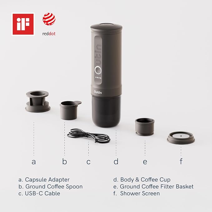 OutIn Nano Portable Electric Espresso Machine, Travel Coffee Maker | Self-Heating USB-C Car Coffee Maker for Ground Coffee & NS Capsules, Ideal for Camping, RV, Hiking and Office, Forest Green