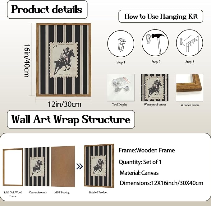 Vintage Western Cowboy Wall Art Black and White Striped Cowboy Riding Horse Wall Decor Paintings Mid Century Rodeo Southwestern Poster Canvas Print for Bedroom Living Room 12x16 inch Wood Framed