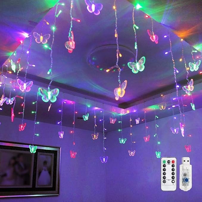 Butterfly Curtain Fairy Light, 8 Modes 120 LED USB Window Firefly Twinkle Timer String Lights 24 Butterflies with Remote, Waterproof Copper Wire for Room Bedroom Christmas Wedding Party Dorm Patio