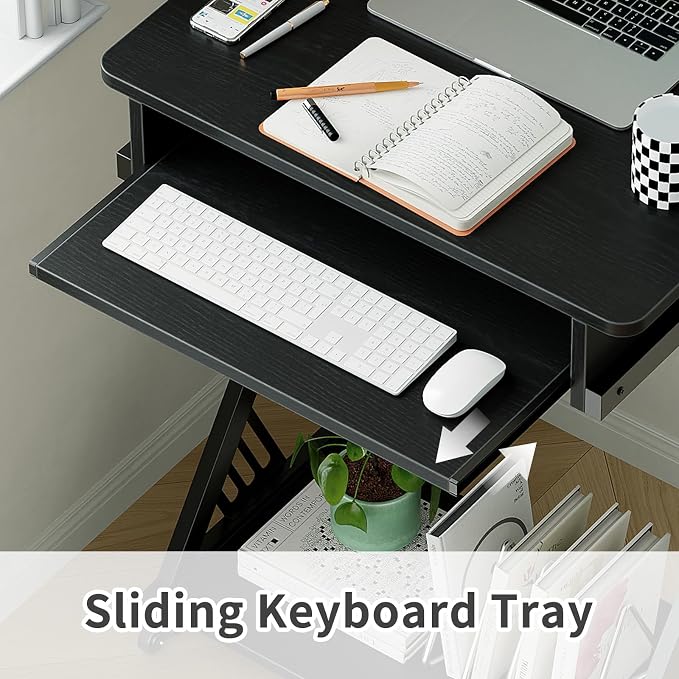 ALISENED Computer Desk for Small Spaces Compact Desk with Keyboard Tray | 23.6" Z-Shaped, with Wheels and Bottom Shelves, for Home Office, Computer Cart Mobile Laptop Cart, Black