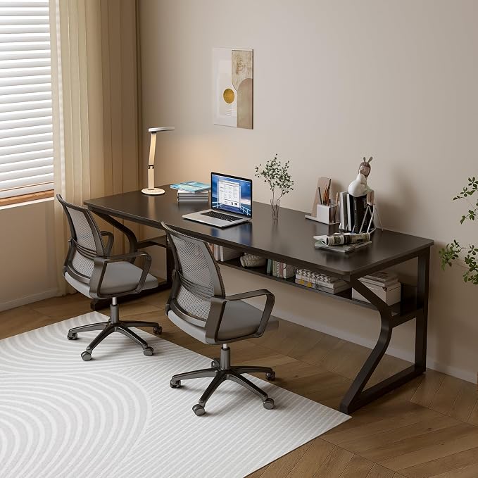 OSCHF 71-Inch Extra Long Desk with Storage Shelf, Black | Double Long Writing Table, Space-saving, 2-Person Workstation, Modern Study Work Computer Desk, For Home Office