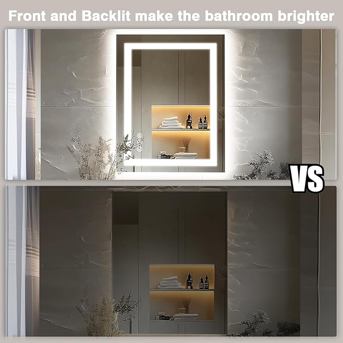 24"x36" LED Bathroom Mirrors for Wall, Front and Backlit, Anti-Fog Vanity Mirror with Lights, Stepless Dimmable Lighted, 3 Colors Smart Mirror (Horizontal/Vertical)
