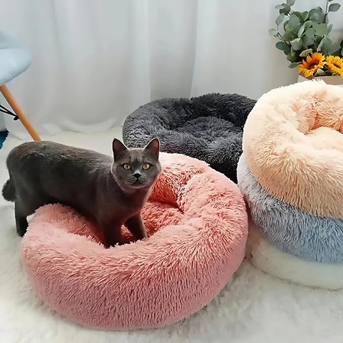 Calming Dog Bed for Small Dogs, Calming Donut Cuddler Pet Bed Anti Anxiety Round Dog Bed Fluffy Plush Faux Fur Cat Bed,Navy Blue,35.5IN