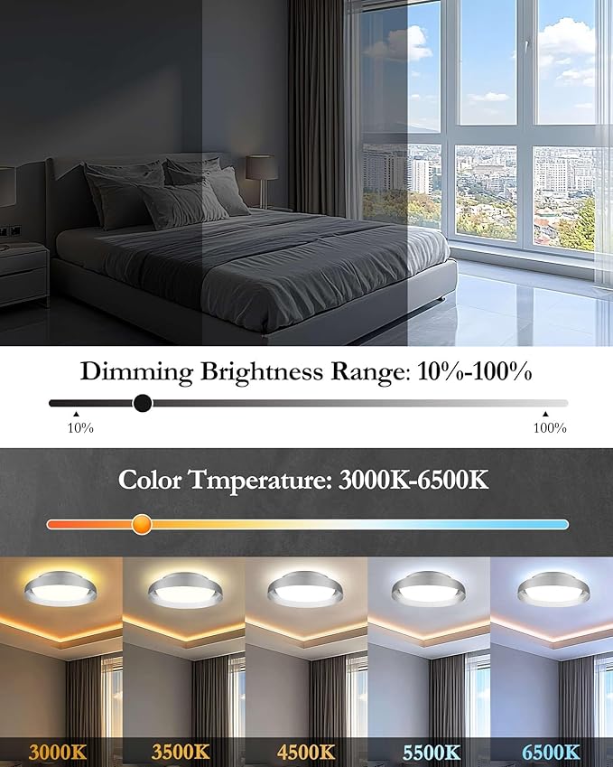 Ken & Ricky Flush Mount Ceiling Light Fixture, Led Dimmable 24w for Bedroom Kitchen Bathroom Laundry Hallway Entryway,Remote Control (Brushed Nickel,12Inch,2PK)