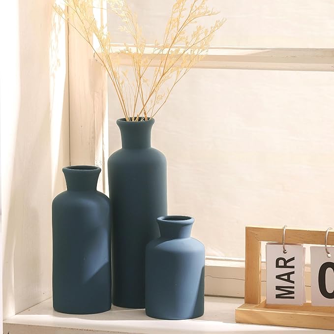 Ceramic Vase Set of 3, Neutral Modern Vases Home Decor Boho Vase Farmhouse Decor Flowers Pampas Vases for Table Mantel Entryway Shelf Living Room Kitchen Bathroom - Navy Blue
