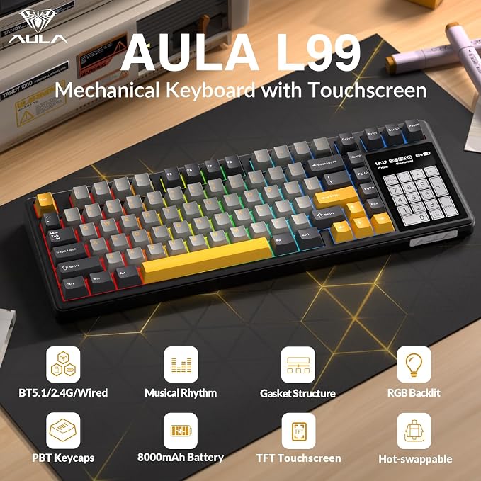 Aula L99 Wireless Mechanical Gaming Creamy Keyboard with Smart Touch Screen | Tri-Mode Hot Swappable Custom Keyboard,RGB Backlit,PBT Keycap,Gasket Mount Creamy Sounding Keyboards for Office PC,84 Keys