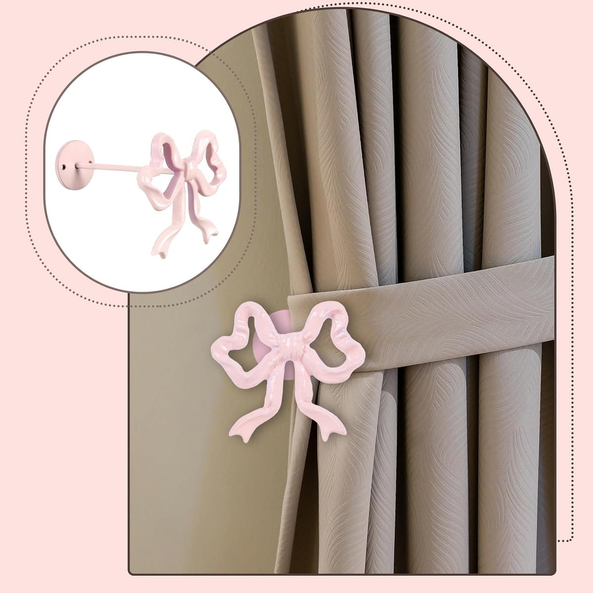 Whaline 2Pcs Valentine' s Day Pink Bow Curtain Holdbacks Wall Mounted Bow Knot Curtain Hold Backs Coquette Metal Holders for Home Office Living Room Bedroom Decor