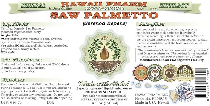 Saw Palmetto Alcohol-Free Liquid Extract, Organic Saw Palmetto (Serenoa Repens) Dried Berry Glycerite Natural Herbal Supplement, Hawaii Pharm, USA 2 fl.oz