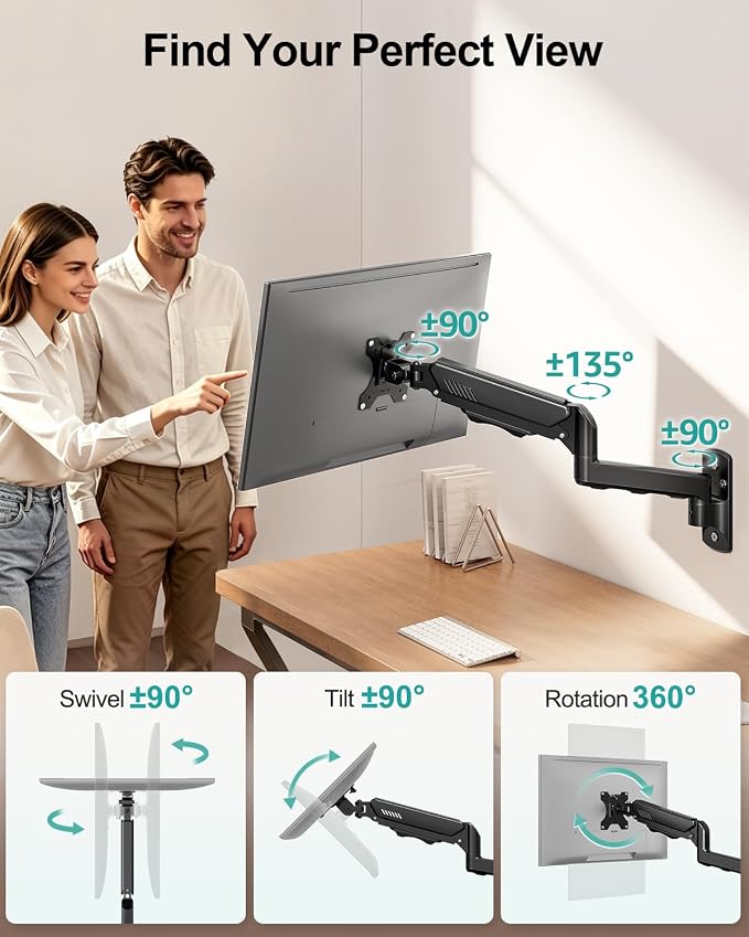 MOUNT PRO Monitor Wall Mount for 13 to 32 Inch Computer Screens, Single Monitor Mount with Tilt/Swivel/Rotation Adjustable, Gas Spring Wall Arm Holds up to 19.8lbs, Vesa Wall Mount 100x100
