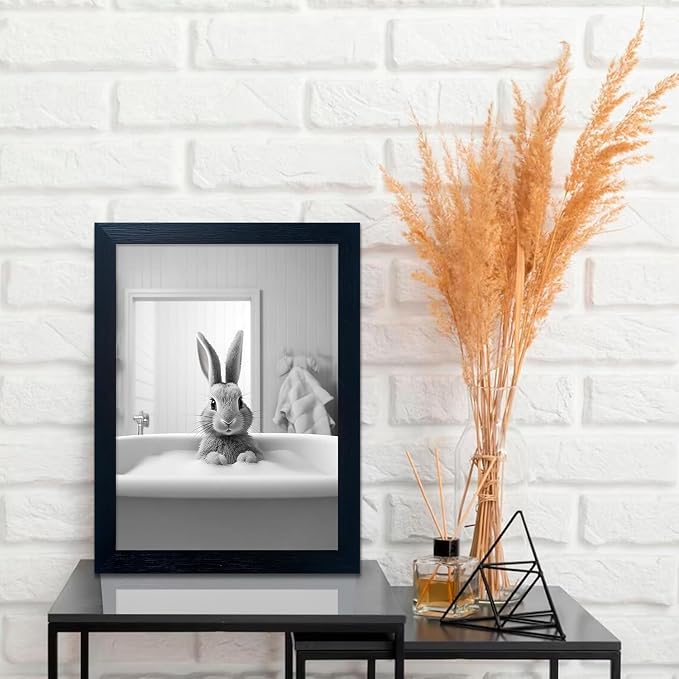 Kids Bathroom Decor, Black and White Cute Animal Canvas Wall Art, Funny Rabbit in Bathtub, Framed Farmhouse Picture Wall Decor Print Artworks for Bathroom