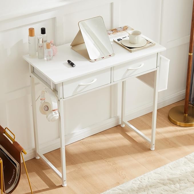 DUMOS 32" Home Office Computer Desk with Drawers, Small Gaming Writing Study Table with Storage Side Bag, Headphone Hook and Adjustable Feet for Bedroom White | Home Office Desk for Bedroom, Gaming Writing Study Desk with Adjustable Feet