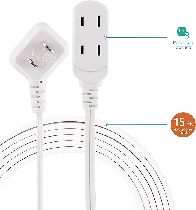 Philips 2-Pack Indoor Extension Cord Power Strip 15 ft, Flat Plug with Multiple Outlets, 2 Prong, White, ETL Listed, SPS3185W/37
