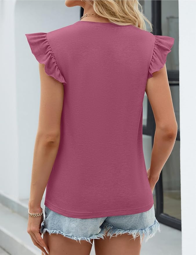 JUSTFASHIONNOW Womens Summer Tops Striped T-Shirts 2026 Ruffle Short Sleeve Crew Neck Casual Blouses with Pocket