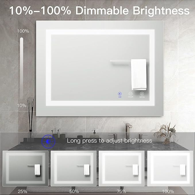 LED Bathroom Mirror,36x28 Inch Bathroom Vanity Mirror Wall Mounted with 3000K-6000K Adjustable, Anti-Fog, Smart Touch Button, Stepless Dimmable Lighted Makeup Mirror, Horizontal/Vertical