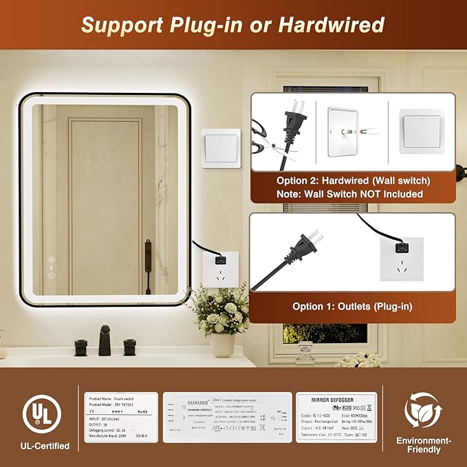28x40 Inch Black Framed LED Bathroom Mirror with Lights,Smart Bathroom Mirror,Motion Sensor,Tempered Glass,Anti-Fog,Stepless Dimmable & 3 Colors,Memory,Vanity Mirror for Wall