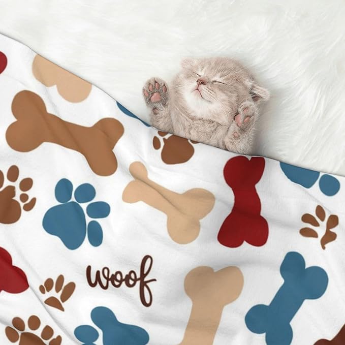 Two Sided Pet Cuddler Blanket for Anxiety Calming, Dog Bones Paw Prints Cream, Reversible Plush Design with Bubble Dot Pattern Provides Familiar Surface Anywhere