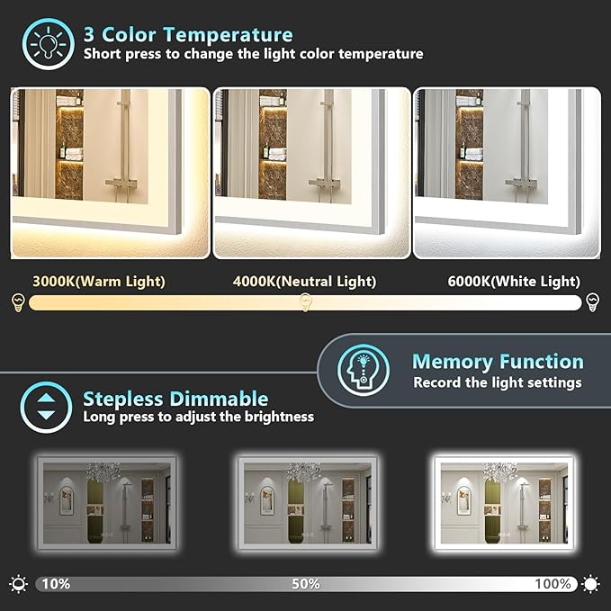 50x40 Brushed Nickel LED Bathroom Mirror with Lights, Sliver Framed Backlit and Front Lit Anti-Fog Lighted Vanity Mirrors for Bathroom Wall, Dimmable, 3 Colors, Memory, Tempered Glass, CRI＞90